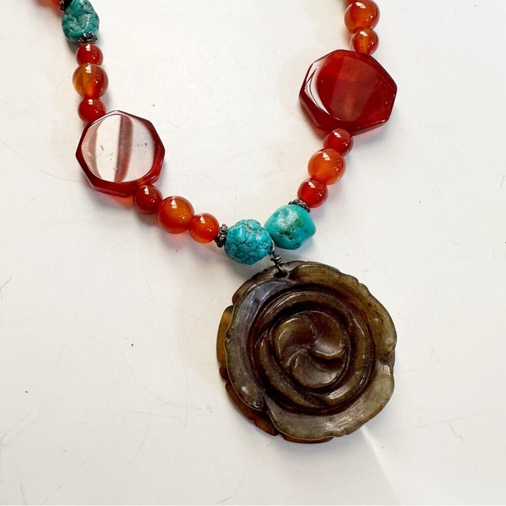 Beaded Beads Faux Stone Floral Necklace chunky Boho Bohemian Brown Orange Blue